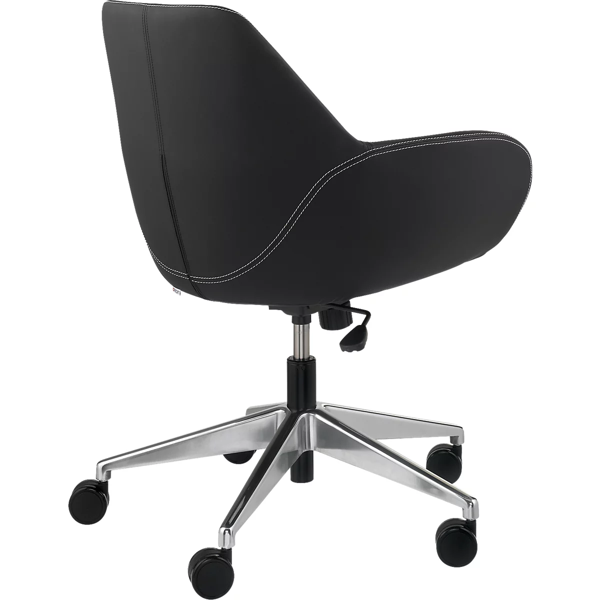 Black office chair, rear view. Black seat with white stitching, silver frame with wheels.