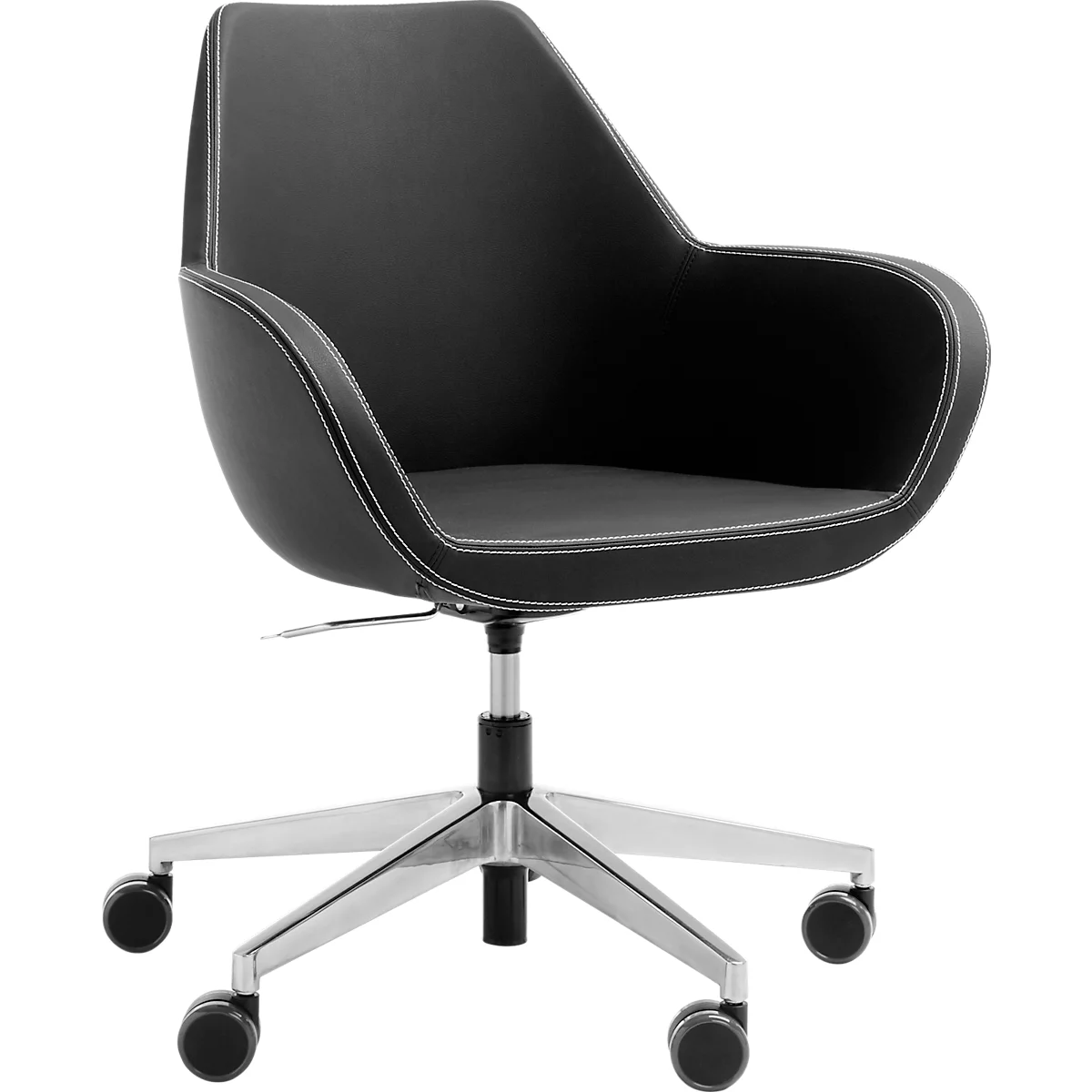 Black swivel chair with white stitching and silver frame on wheels.