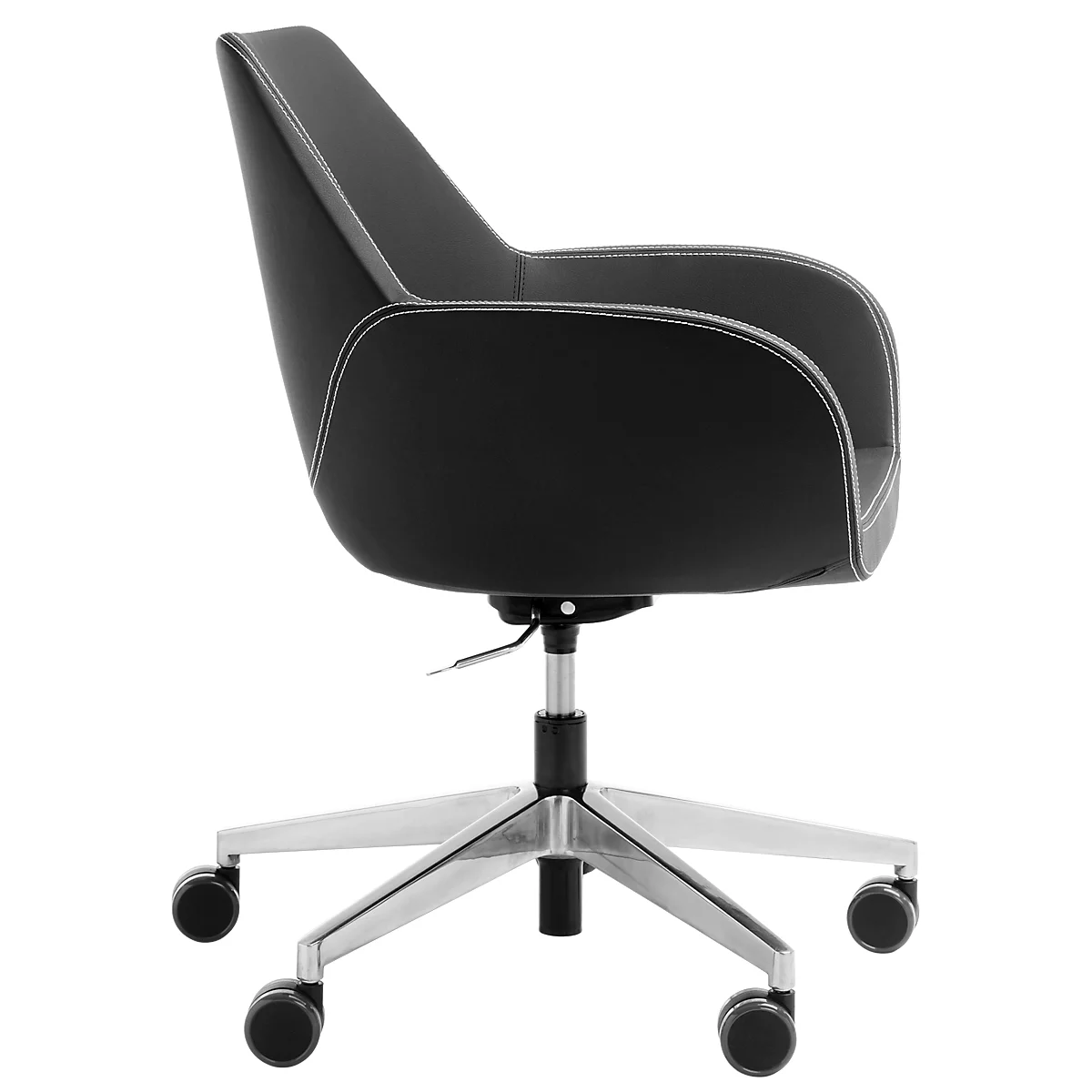 Black office chair with white stitching, metal base and castors.