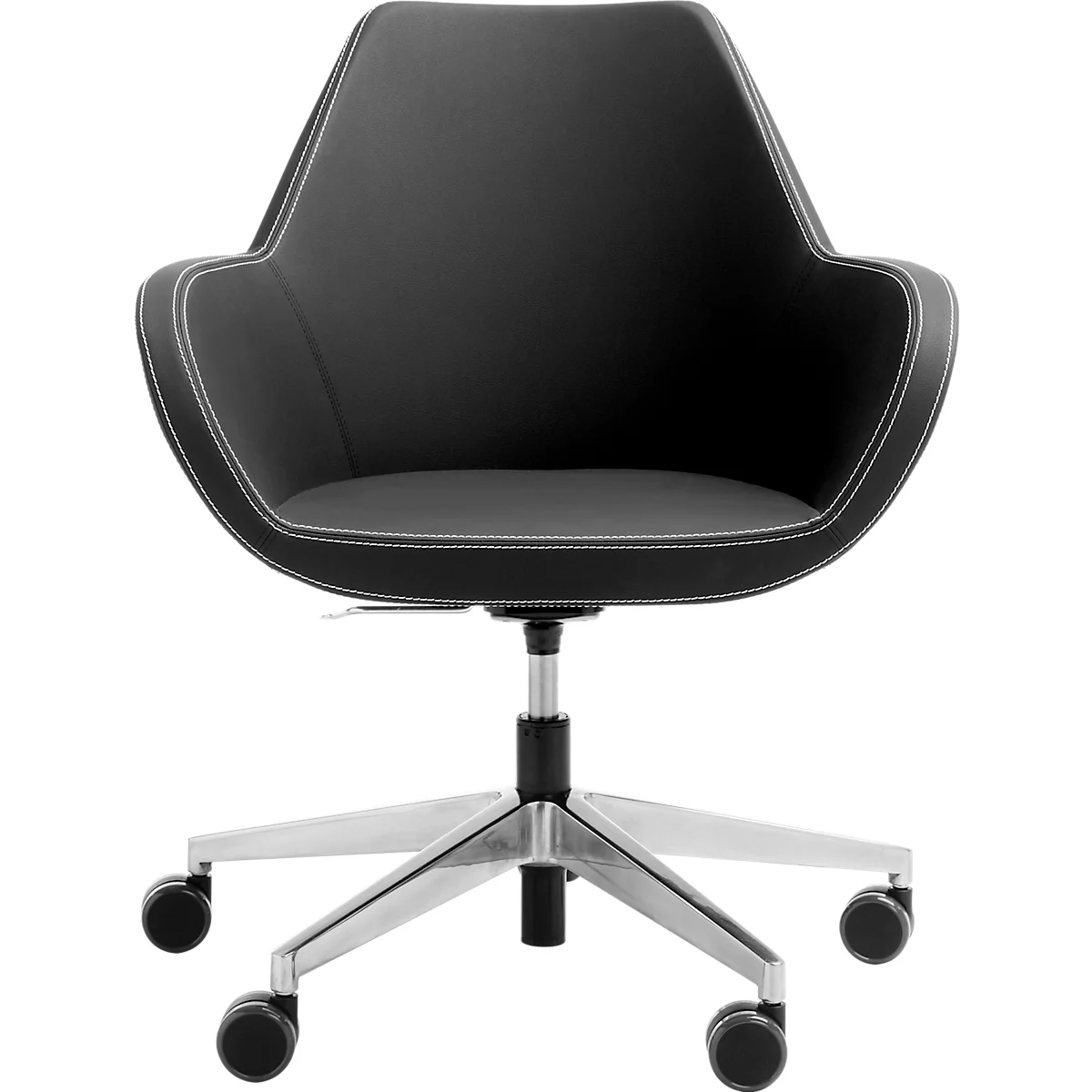 Black office chair with wheels and silver metal legs. The seam of the seat and armrests is light-colored.
