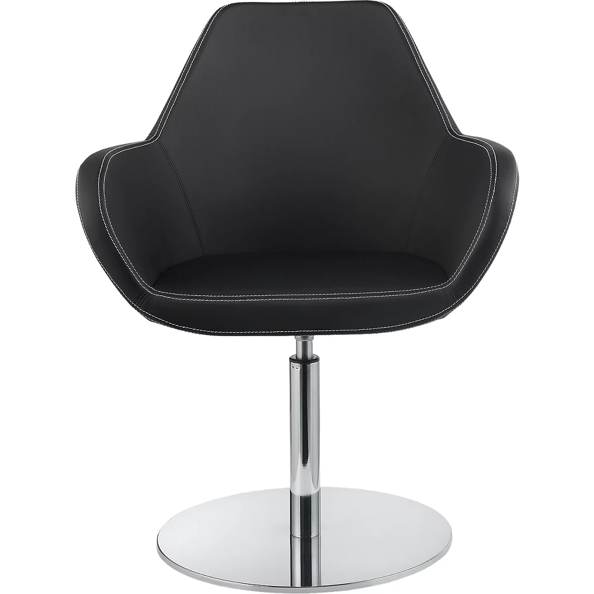 Black swivel chair with white stitching and chrome base.