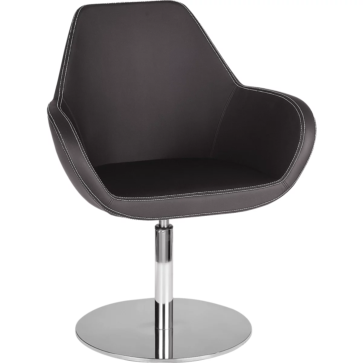 Dark gray swivel chair. The seat is dark, the seams white. The base is metal.