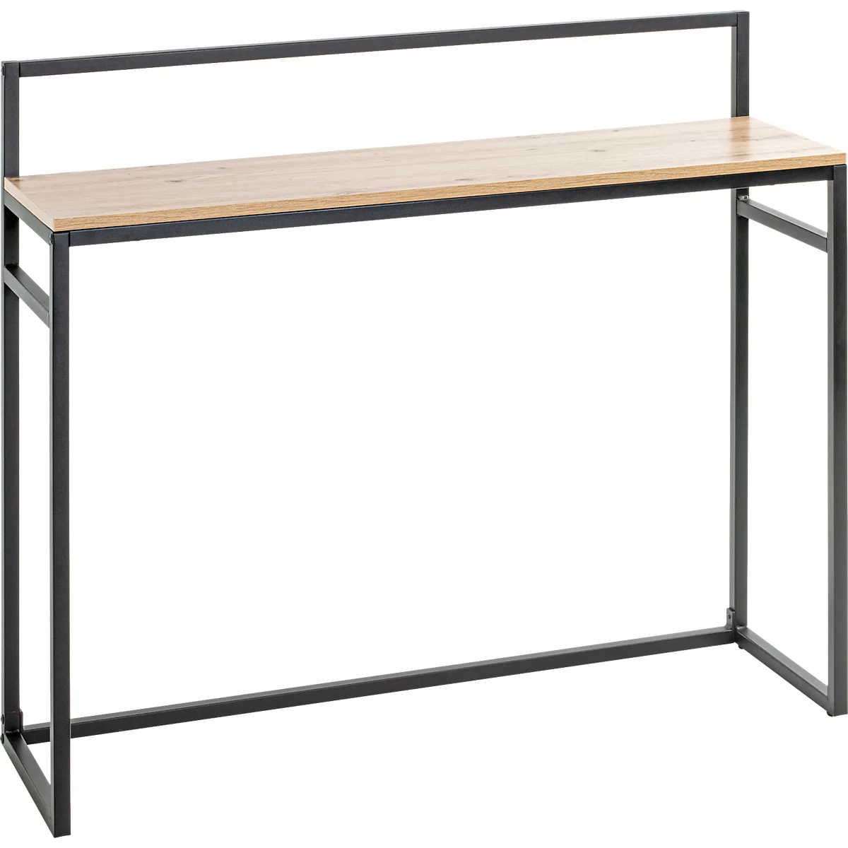 Hoher Tisch aus Holz und Metall. Schwarzes Metallgestell mit hellbrauner Tischplatte und zusätzlichem Metallrahmen oben.