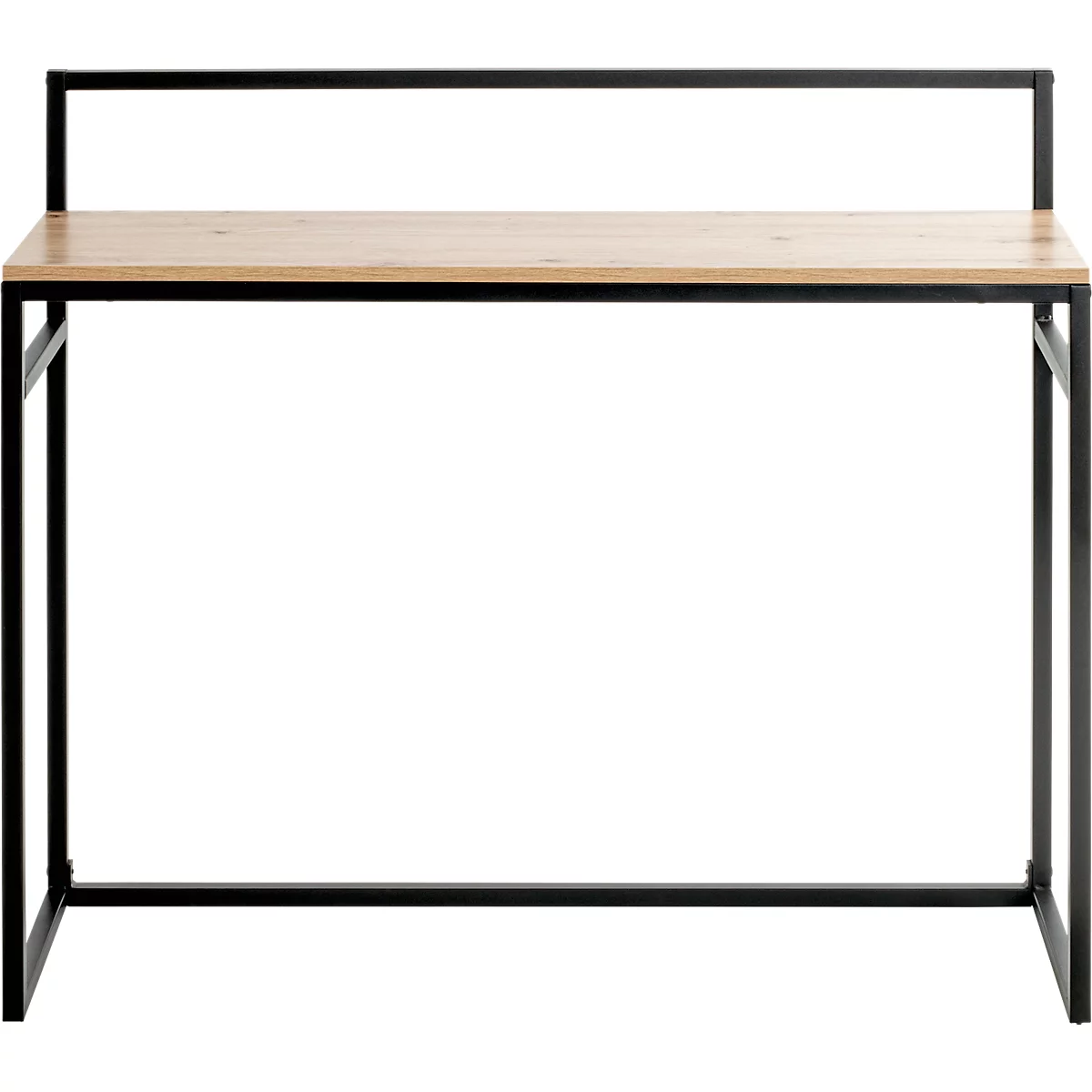 Ein Schreibtisch mit Holzplatte und schwarzem Metallgestell. Über der Platte befindet sich ein kleines Regal.