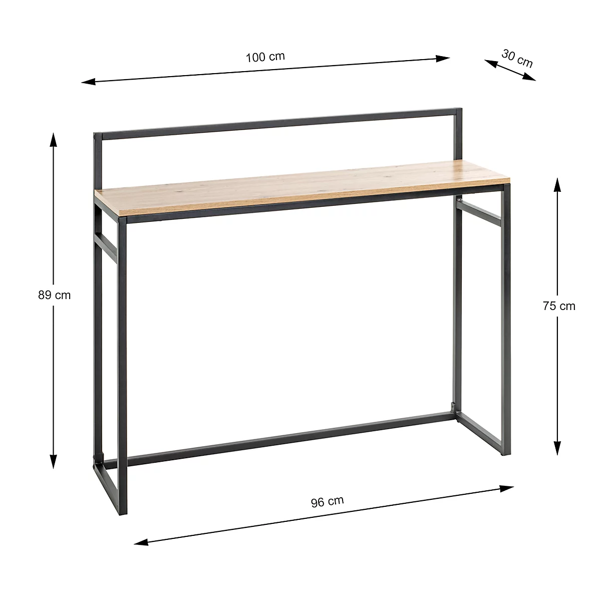 Hoher Konsolentisch mit Holzplatte und schwarzem Metallgestell, mit Maßangaben. Holz 100 cm breit, 30 cm tief und 89 cm hoch.