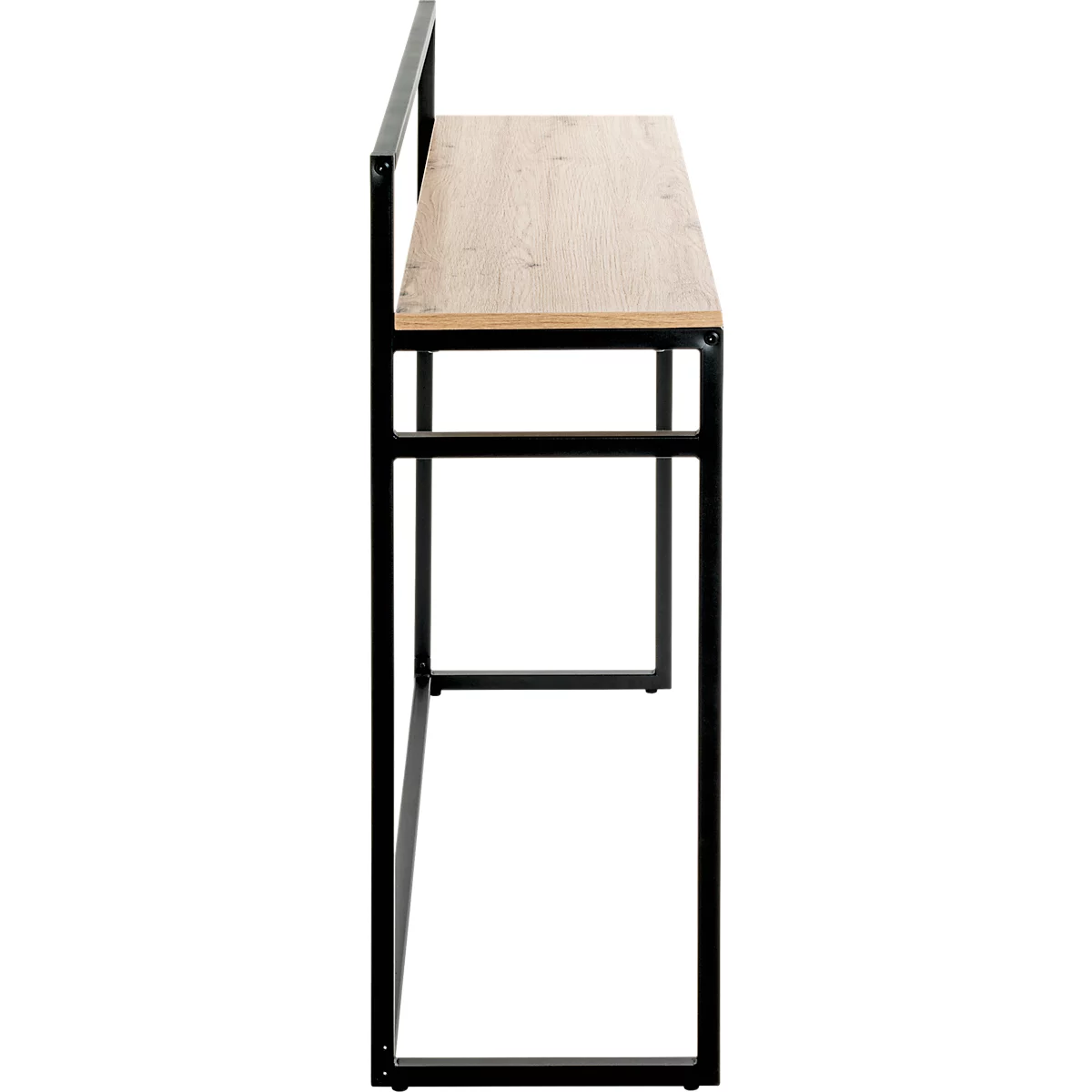 Schreibtisch, Metallgestell, Holzplatte. Seitenansicht.