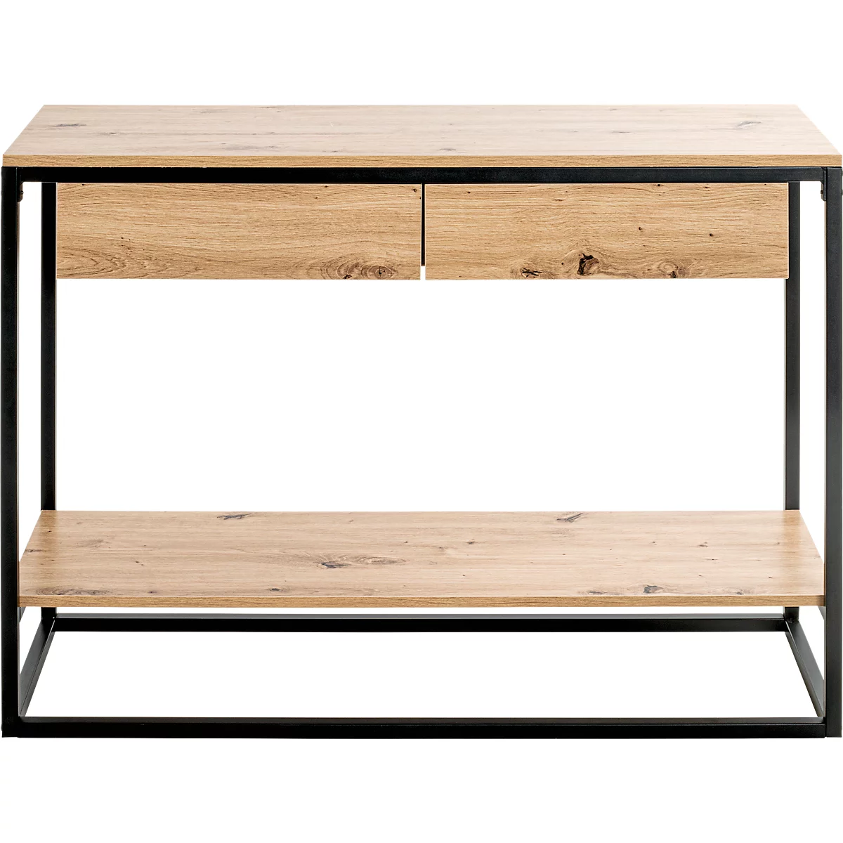 Konsole aus Holz mit schwarzem Metallrahmen. Sie hat zwei Schubladen und eine Ablage.