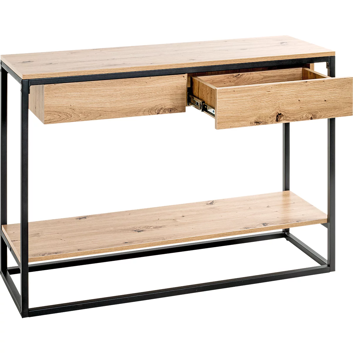 Konsole aus Holz mit schwarzem Metallrahmen, eine Schublade geöffnet.