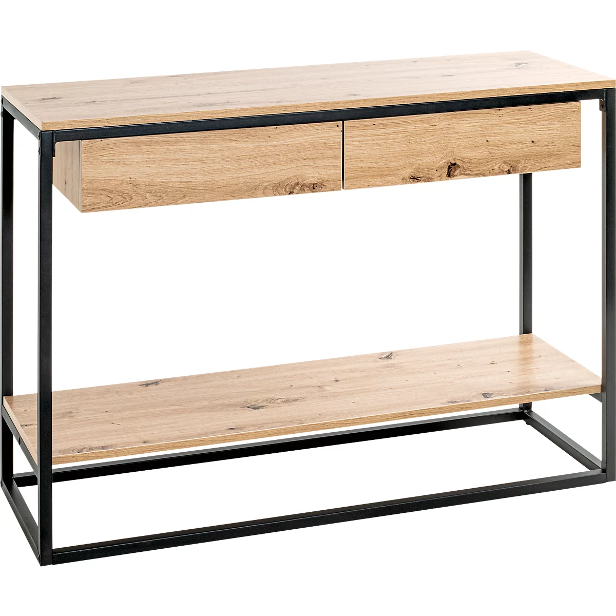 Konsolentisch aus Holz mit schwarzem Metallrahmen. Er hat zwei Schubladen und eine untere Ablage.