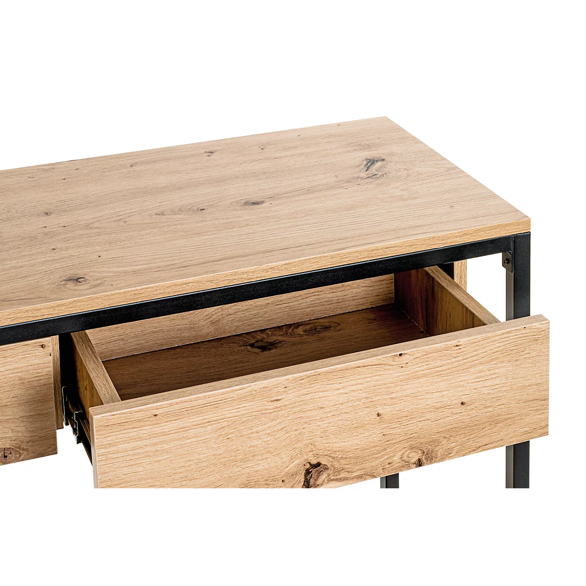 Nahaufnahme eines geöffneten Holzschubkastens. Die Tischplatte ist aus hellem Holz, umrandet von schwarzem Metall.