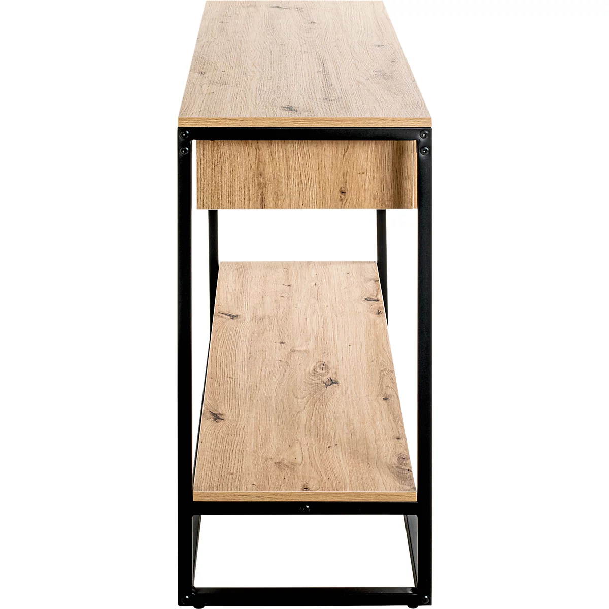 Schmales Sideboard aus Holz mit schwarzem Metallgestell, ein Schubfach, eine Ablage.