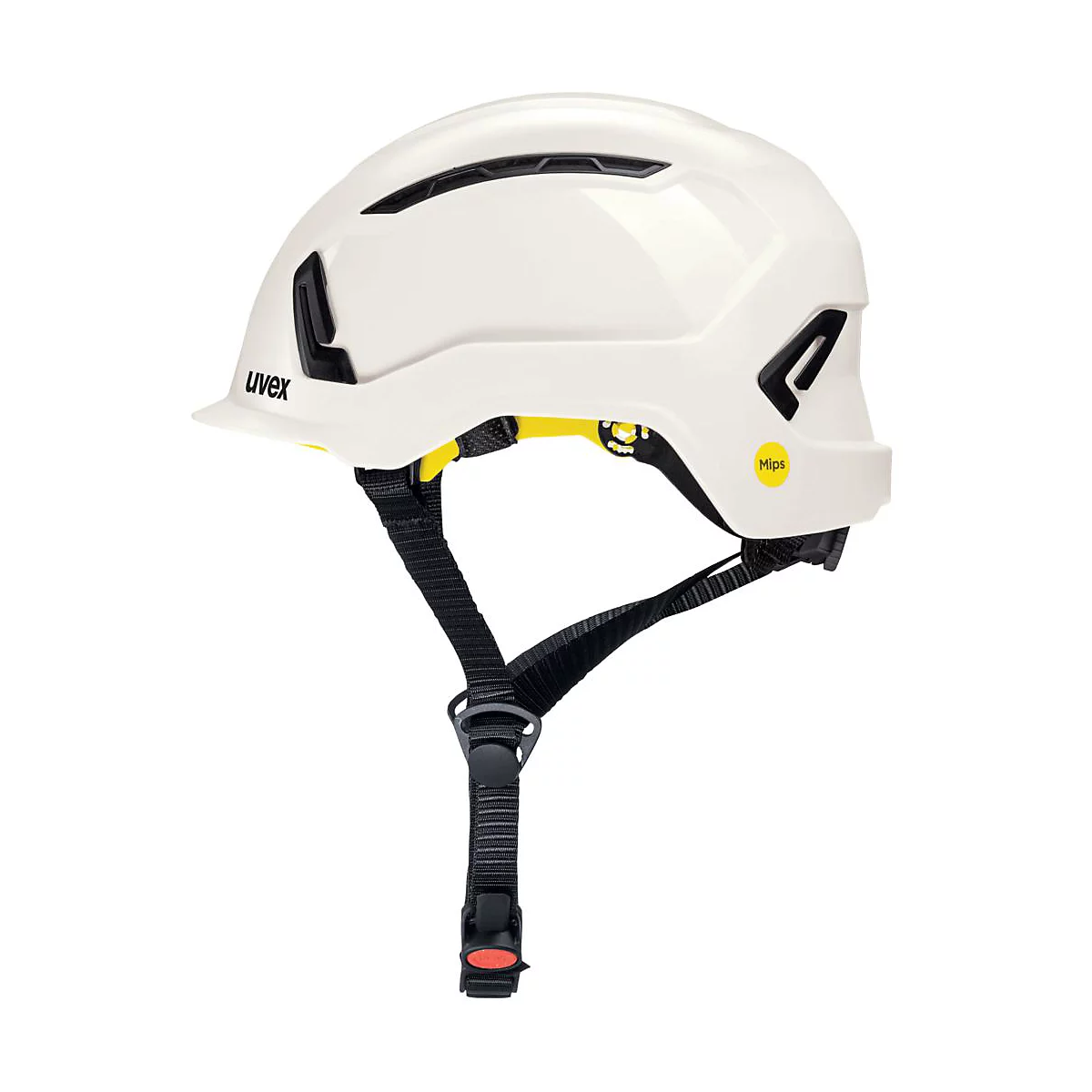 Weißer Schutzhelm mit schwarzen Details und gelben Akzenten, MIPS-Logo.