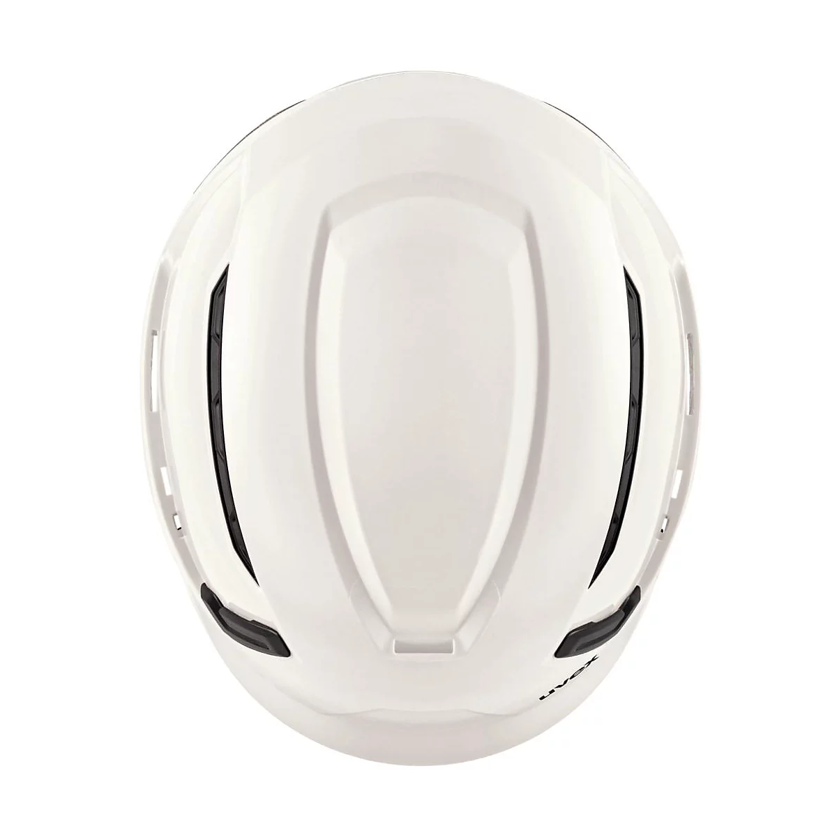 Weißer Fahrradhelm von oben gesehen. Auf dem Helm sind Belüftungsöffnungen und der Schriftzug "UVEX" zu sehen.