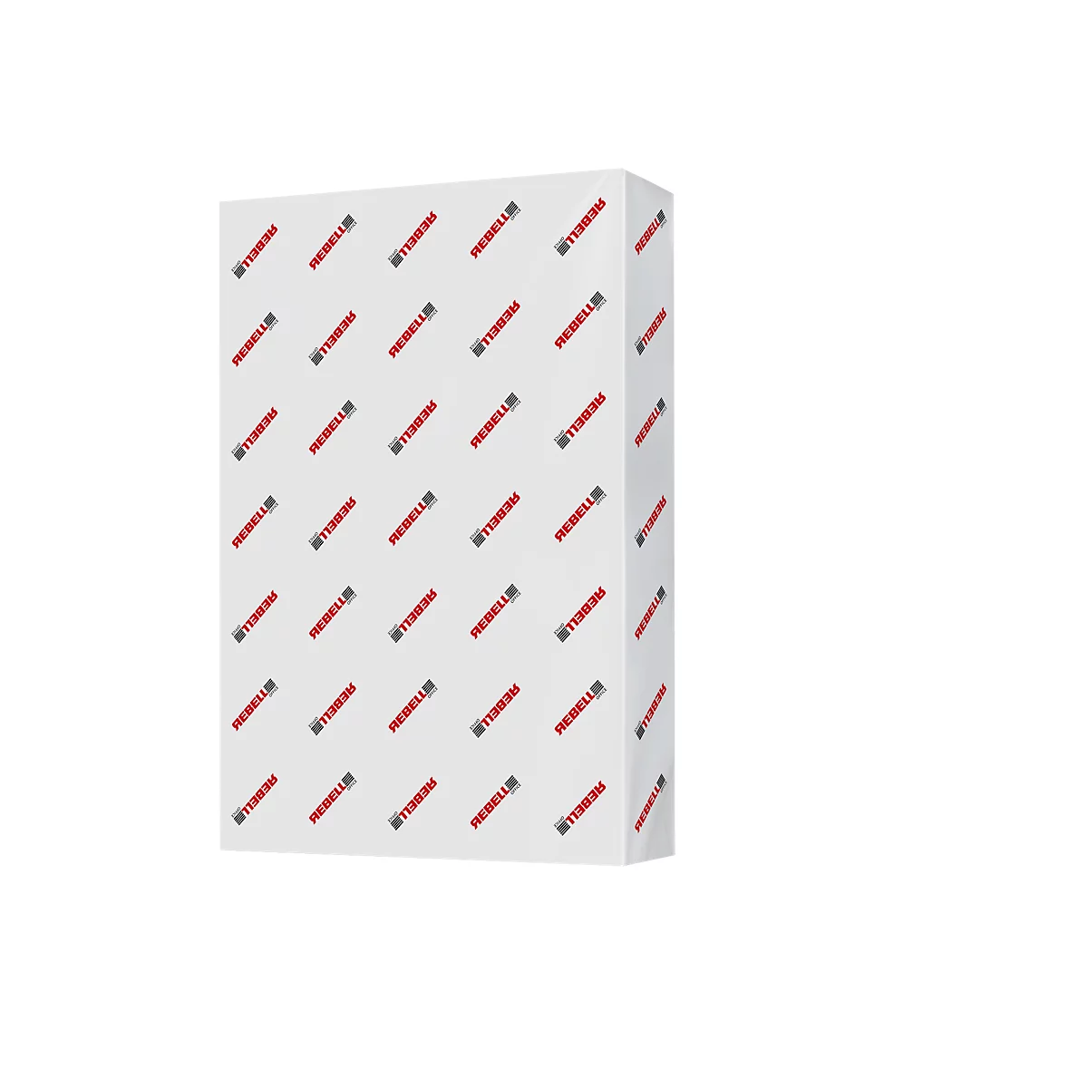 Witte kartonnen doos met diagonaal logopatroon in rood en zwart.