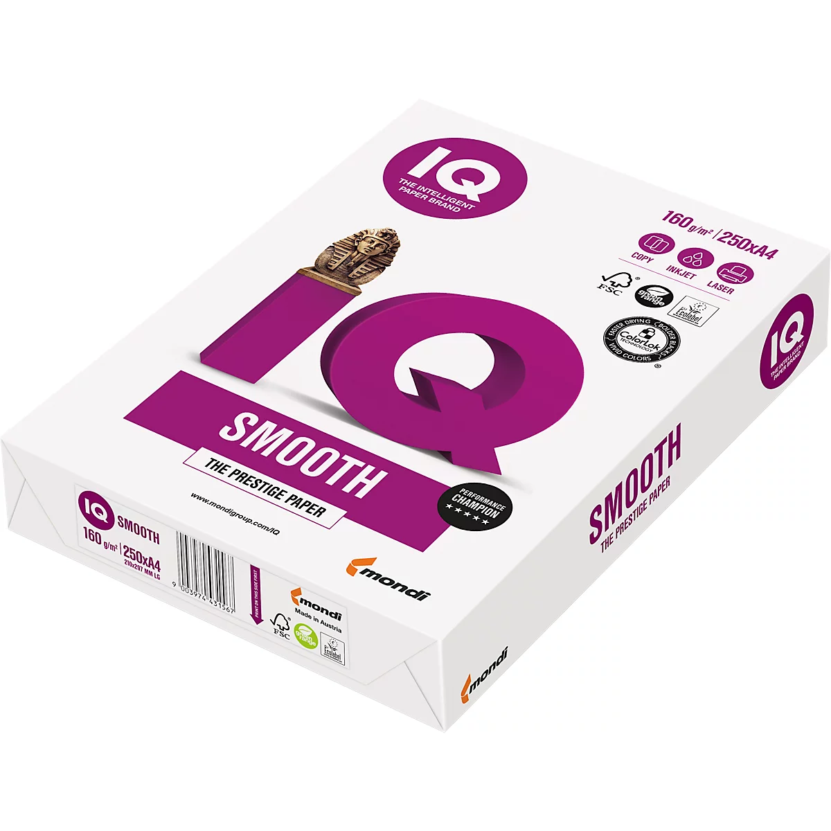 Kopieerpapier Mondi IQ Smooth, DIN A4, 160 g/m², helder wit, 1 doos = 5 x 250 vel