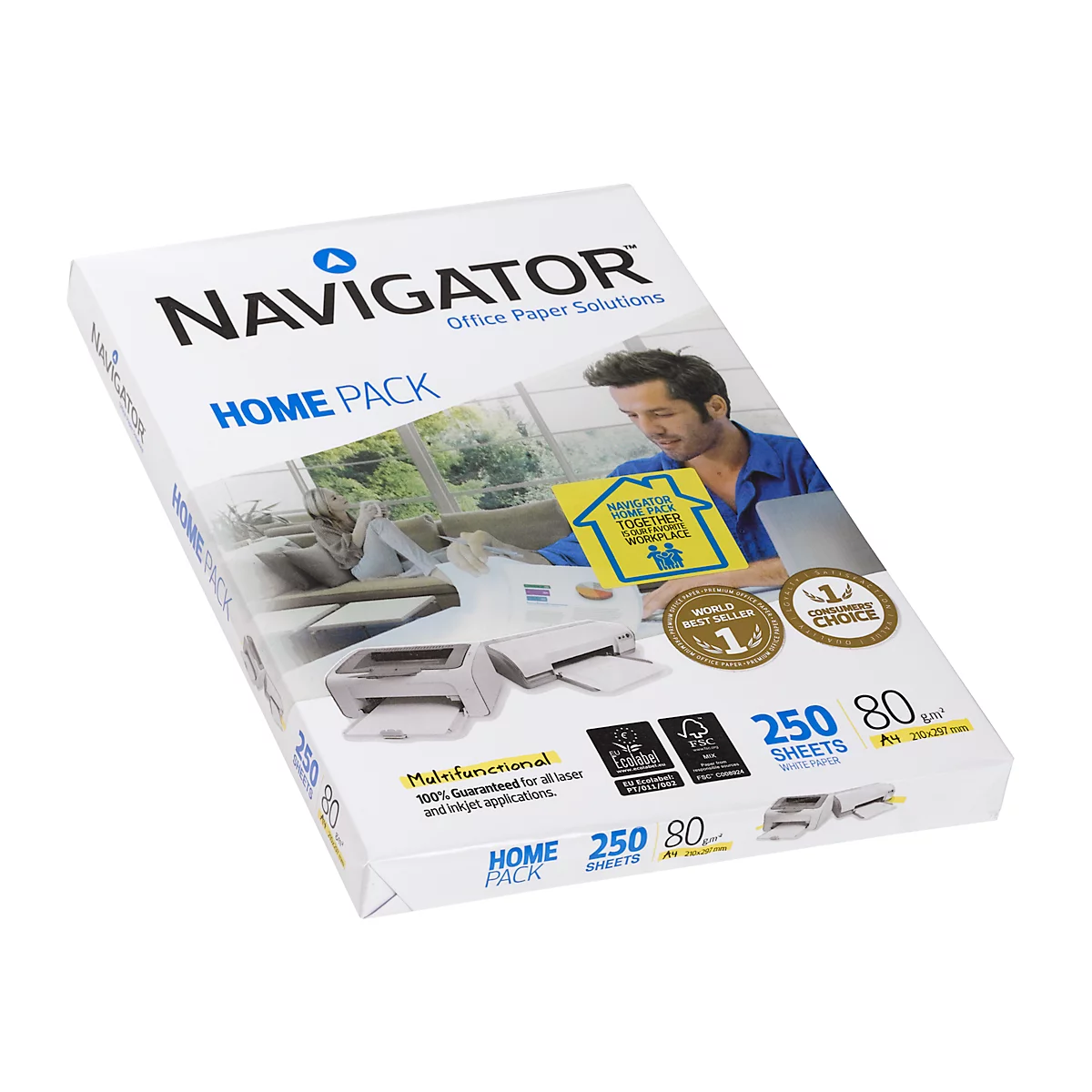 Een wit papierpakket, met opdrukken, met "Navigator Home Pack". Er staan logo's, een man die op een laptop werkt en tekst op het papier.