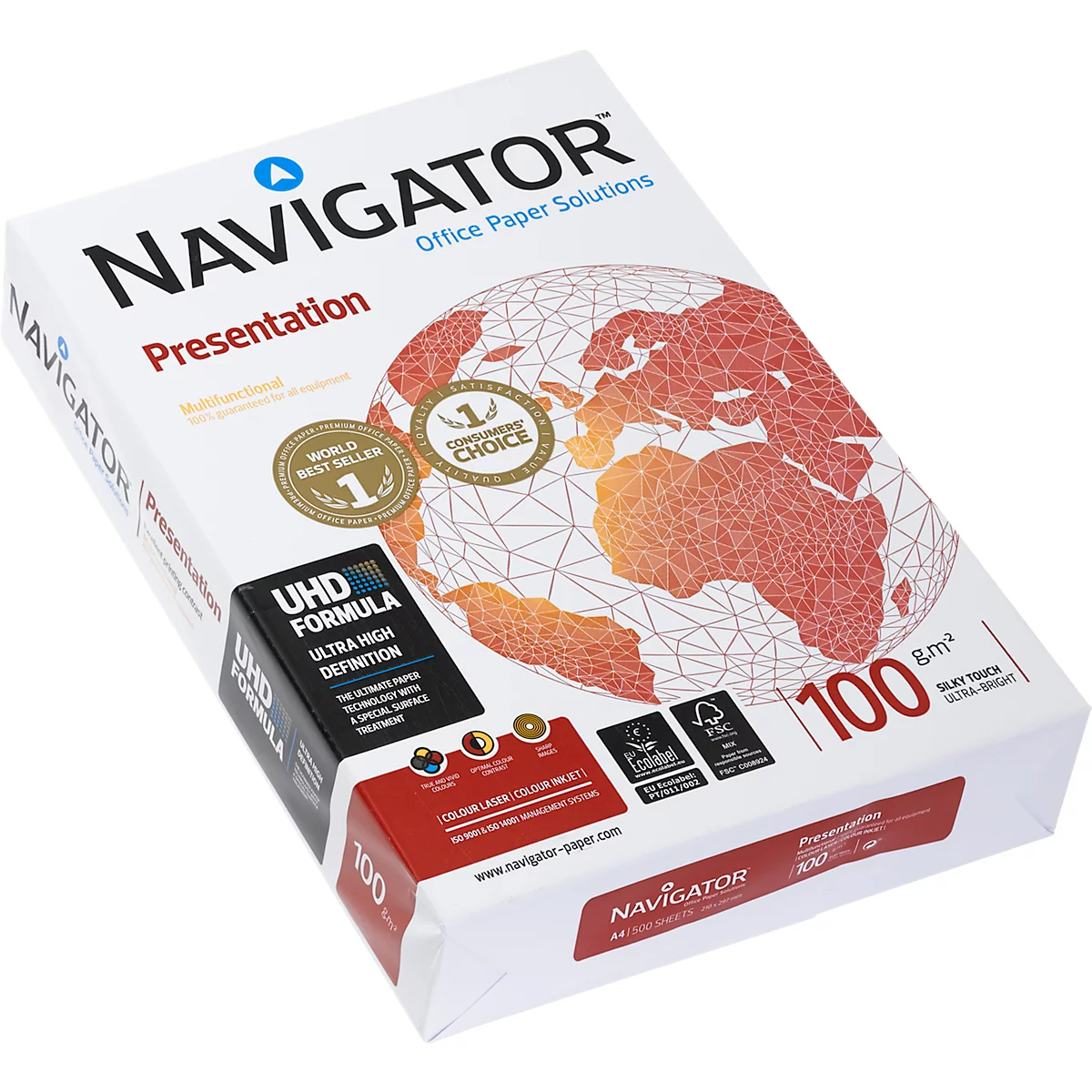 Kopieerpapier Navigator Presentation, A4, 100 g/m², helderwit, 1 doos = 5 x 500 vellen