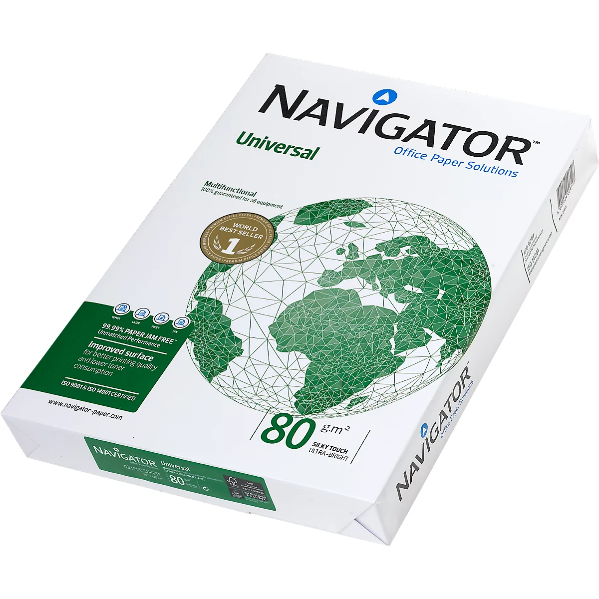 Witte papieren doos met de merknaam Navigator en een wereldkaartontwerp. Tekst luidt: "80 g/m²".