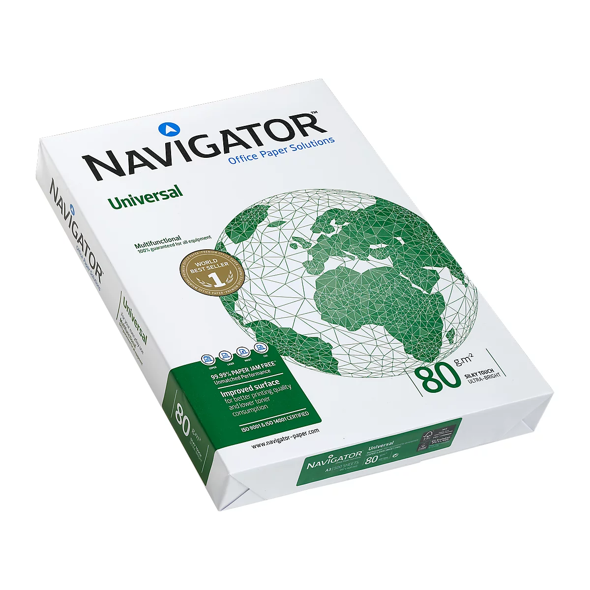 Een witte papierverpakking van Navigator met een groene wereldbol. Gedrukte tekstdetails.