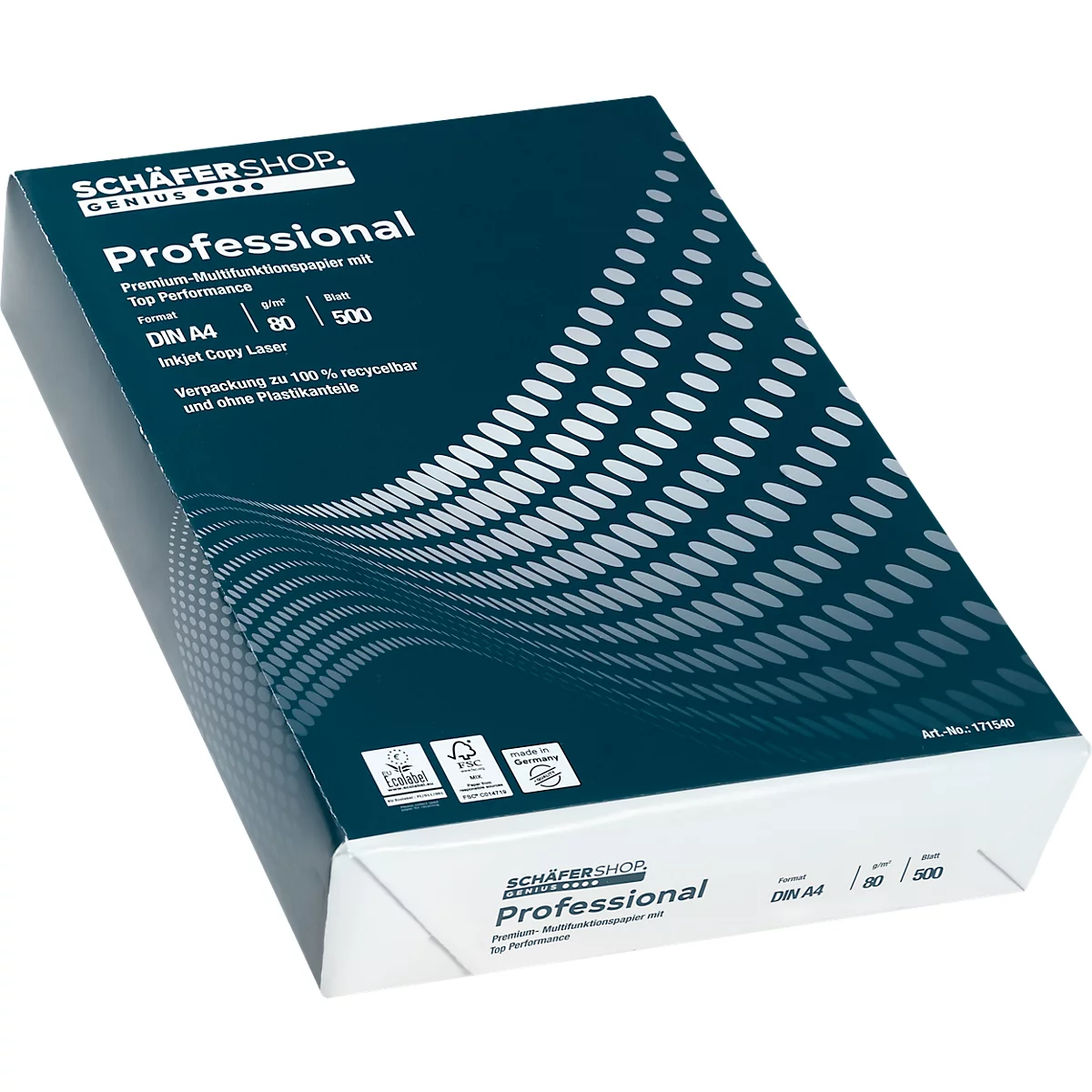 Blauwe papieren doos met "Professional" bedrukt. Bevat 500 vel A4-papier.