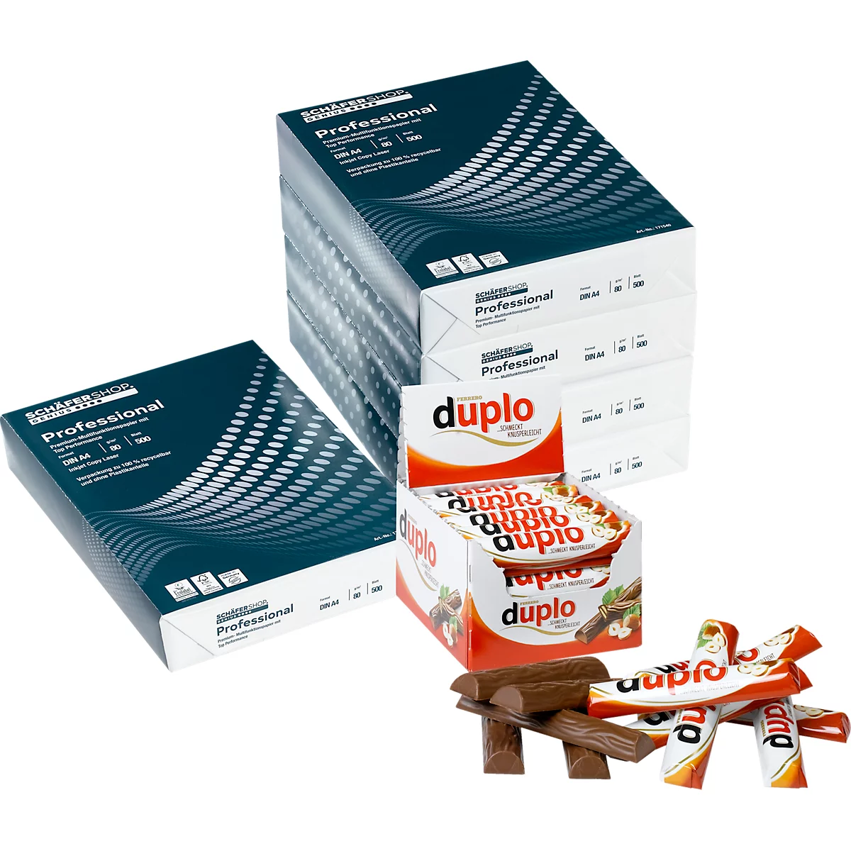 Kopieerpapier Schäfer Shop Genius Professional, DIN A4, 80 g/m², wit, 4 dozen = 20 x 500 vellen + GRATIS Ferrero Duplo 40 repen