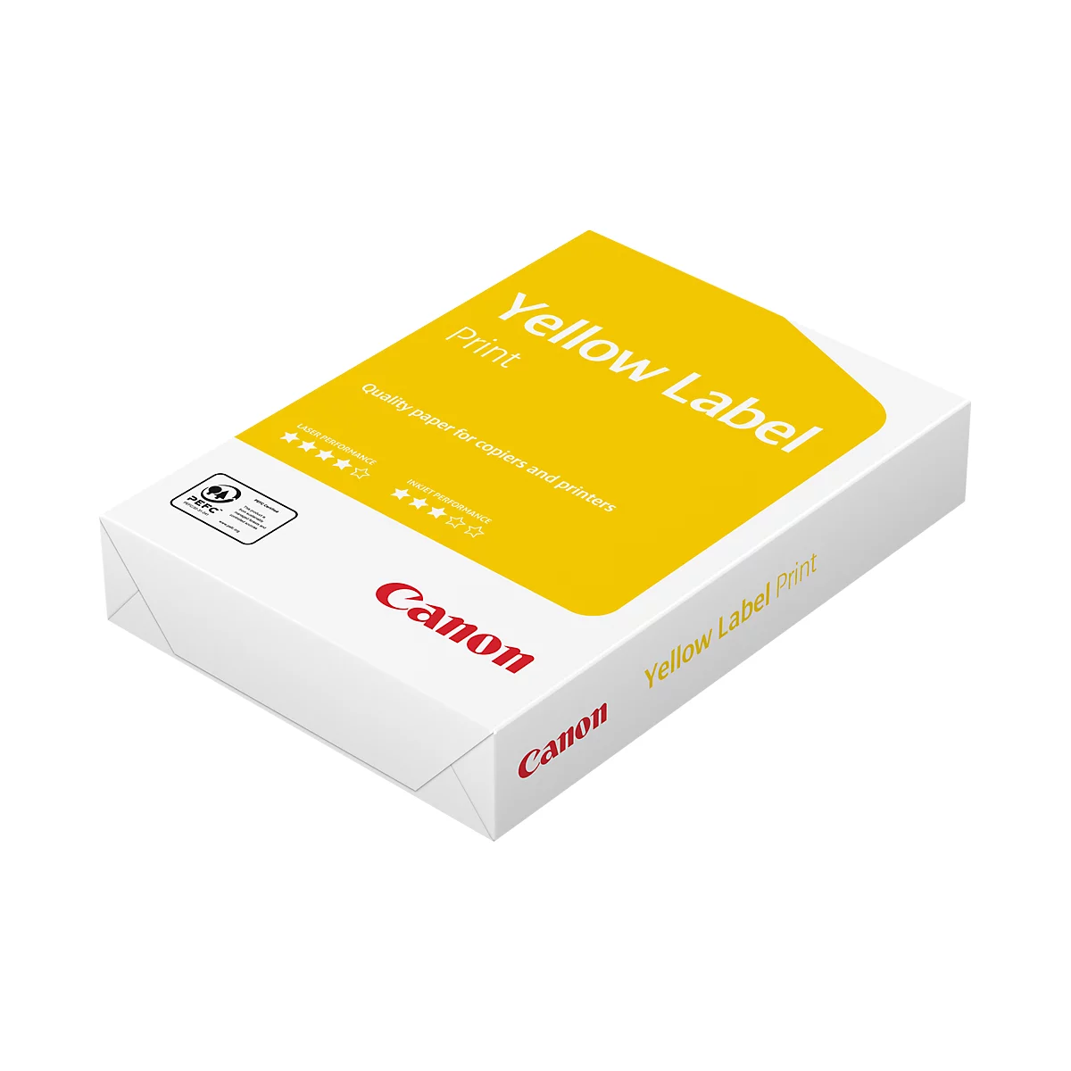 Ein weißer Papierstapel, der gelb beschriftet ist. Der Text auf der Oberseite lautet: "Yellow Label Print", darunter steht "Canon".