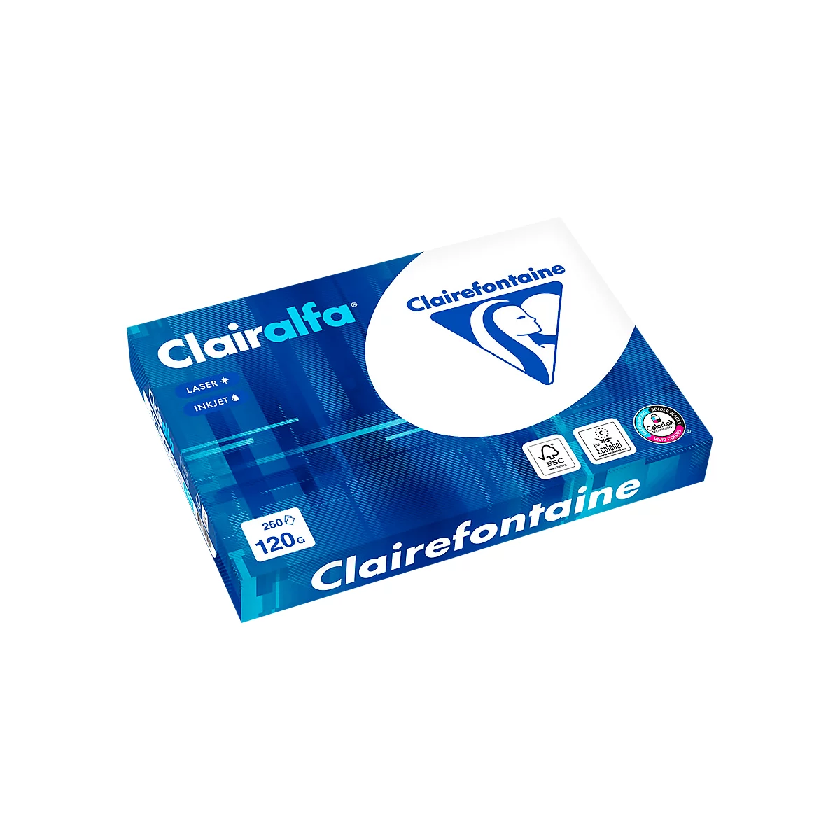 Blau-weißes Papierpaket von Clairefontaine. Das Logo, Schriftzug Clairalfa, 120g und 250 Blatt sind sichtbar.