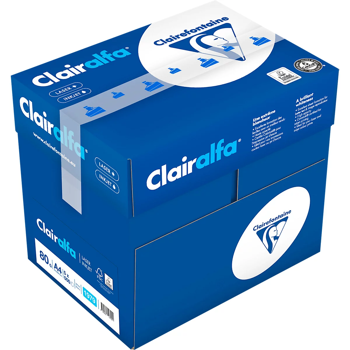 Blauer Papierkarton von Clairalfa. Aufschrift: Clairalfa, Laser, Inkjet. Aufkleber mit Logo.
