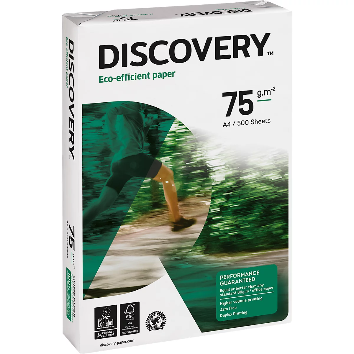 Papierpackung mit Aufdruck "Discovery". Auf der Packung sind ein Läufer, Logos und der Schriftzug "Eco-efficient paper" zu sehen.