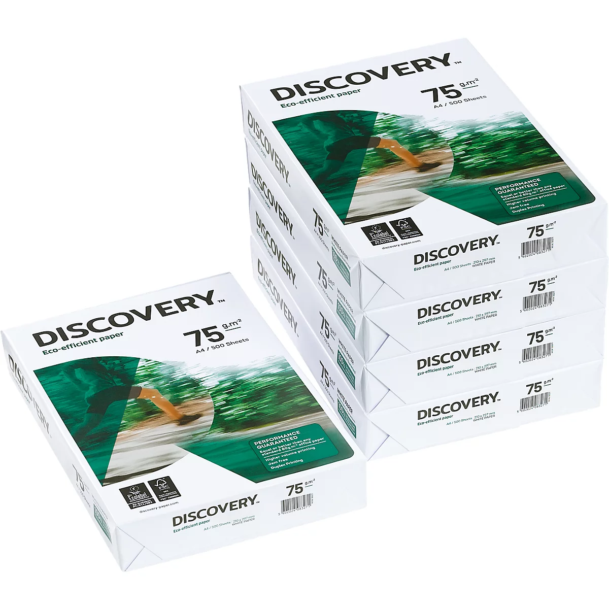 Stapel Papier der Marke Discovery. Verpackung in weiß mit grünen Elementen, Aufdruck 75 g/m².