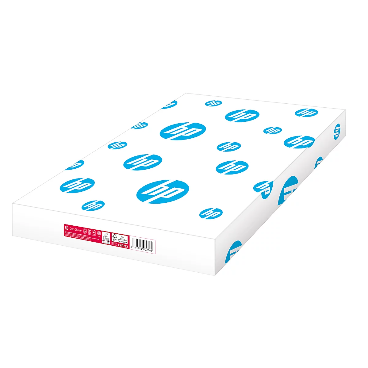 Weißes Papier von HP, verpackt in einem Karton mit HP-Logos. Auf der Verpackung sind Produktdetails aufgedruckt.