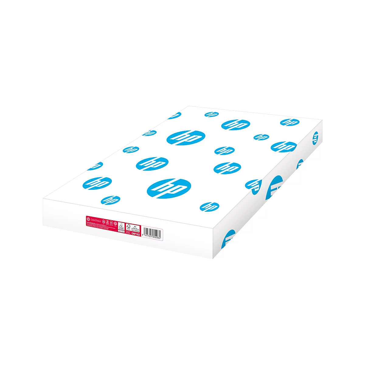 Ein Karton HP-Papier. Weißer Karton mit cyanfarbenen HP-Logos, roter Aufkleber mit Informationen.