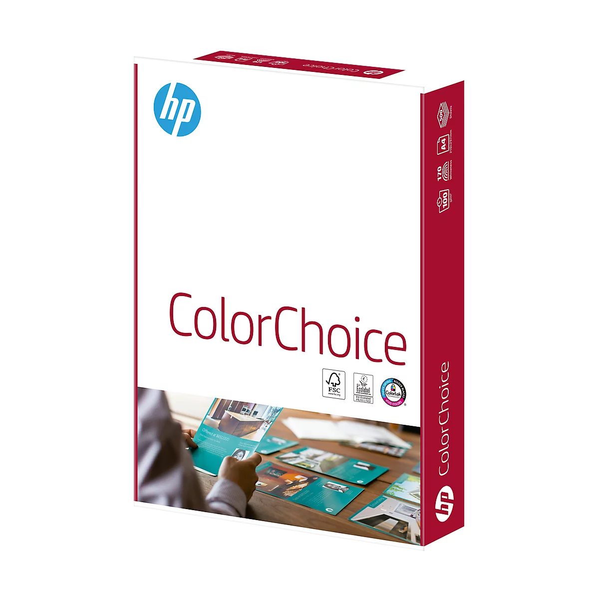 HP ColorChoice Papierpackung. Aufschrift: ColorChoice. Links oben: HP Logo. Rechts: Papierbögen mit Bildern.
