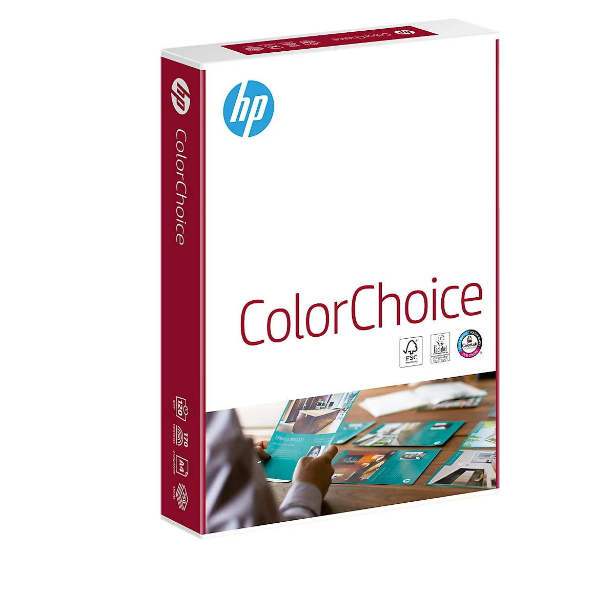 Papierpackung von HP ColorChoice mit HP-Logo, Produktname und Person, die Bilder betrachtet.
