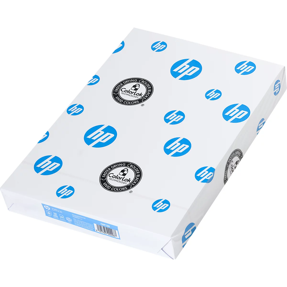 HP Papierpackung mit blauem HP-Logo auf weissem Hintergrund. Label: Colorlok, schnelles Trocknen, brillante Farben.