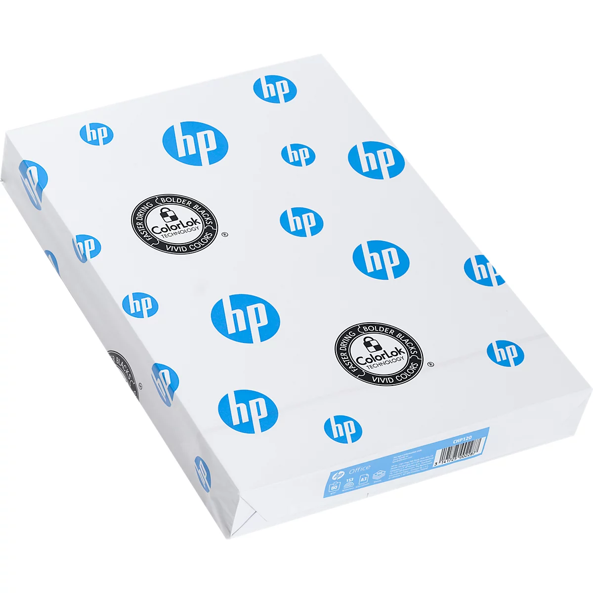 Ein Stapel HP-Papier, weiss mit blauen HP-Logos und ColorLok-Logo.