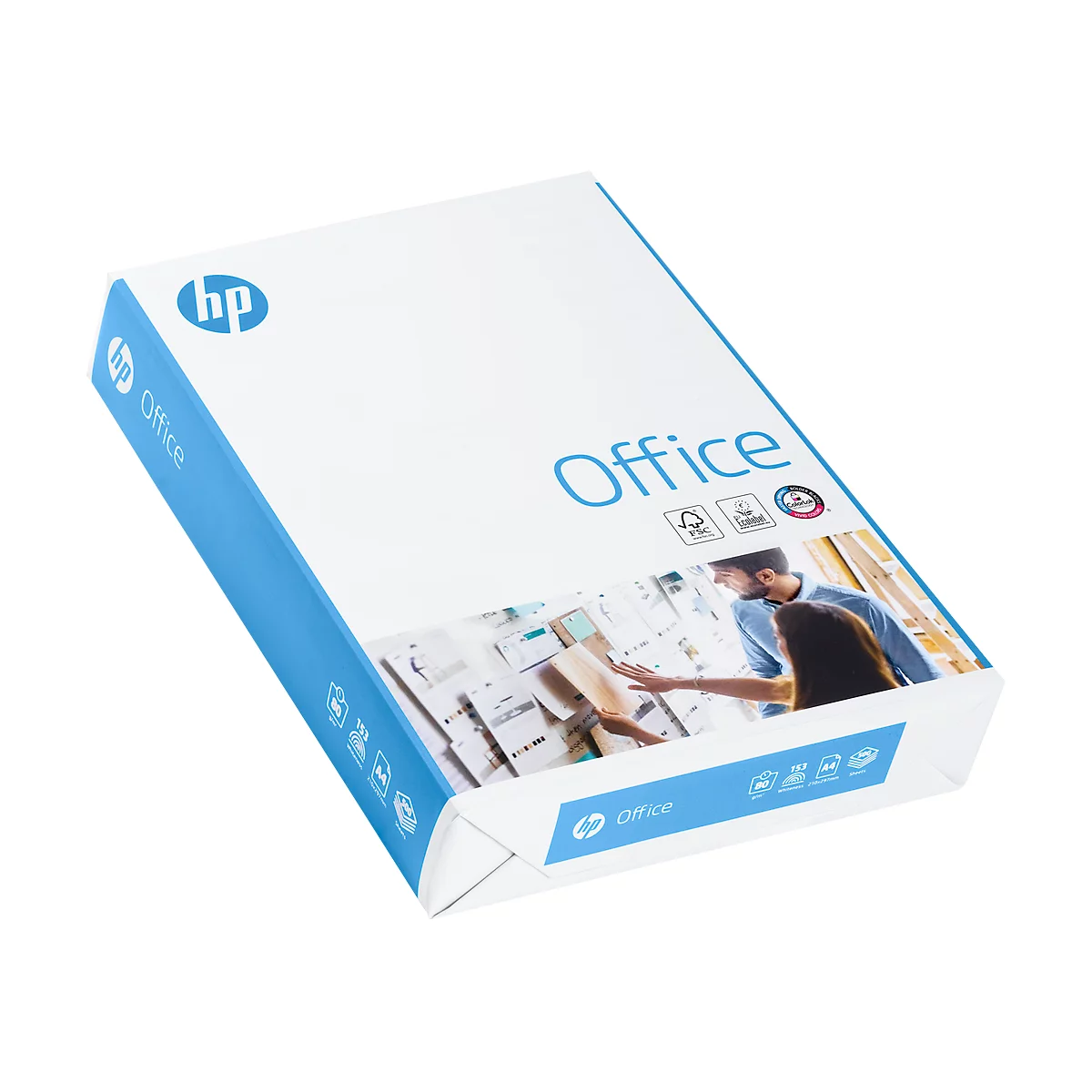 Ein HP Office Papierpaket. Weisses Paket mit blauen Kanten. Aufdruck "Office", HP-Logo und eine Abbildung.