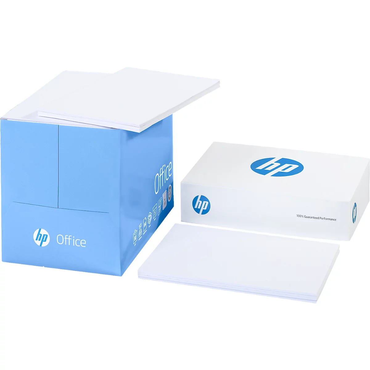 Blaue Box mit HP Office-Papier. Daneben eine weisse Box mit HP-Logo und ein Stapel Papier.