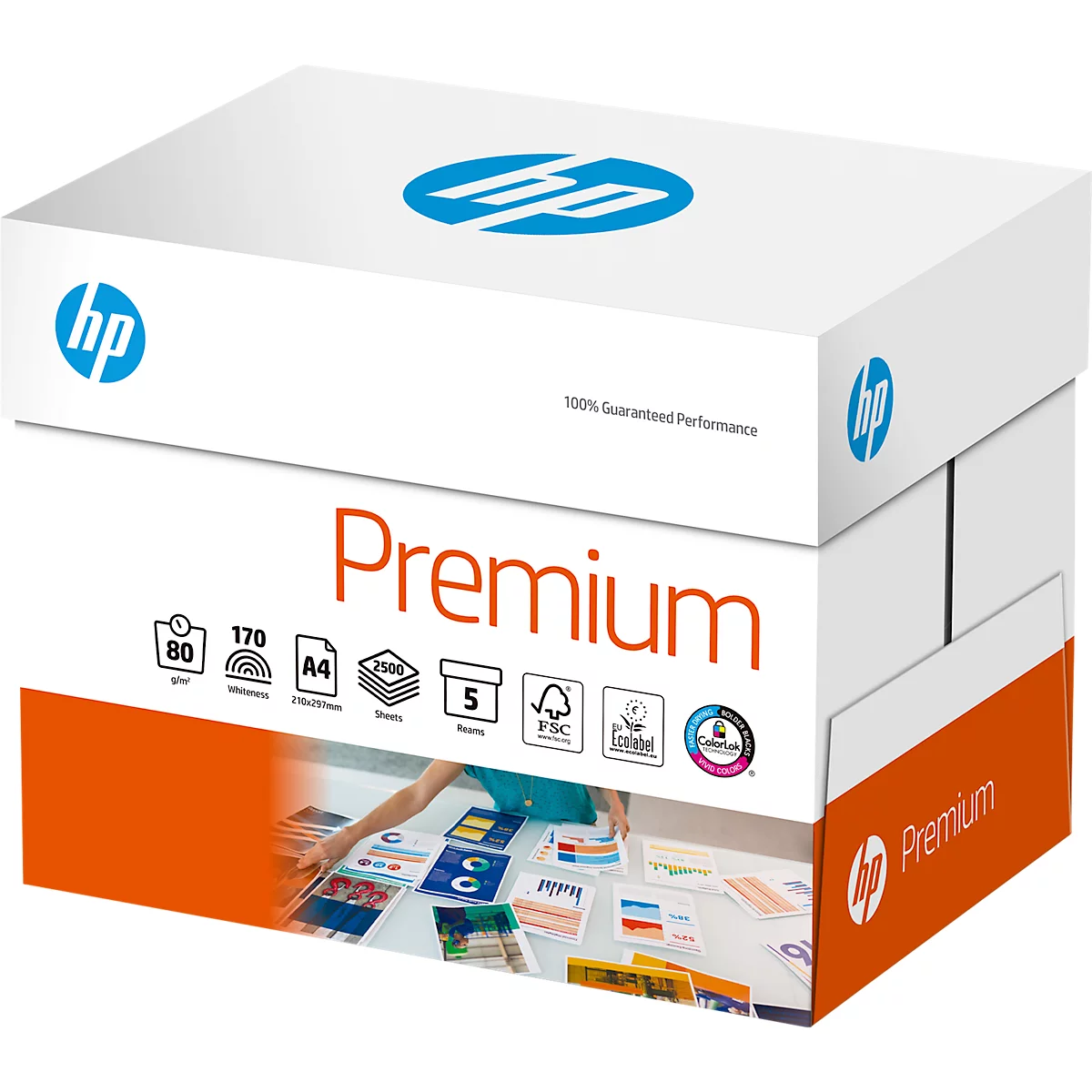 Ein weißer HP Premium-Papierkarton, auf dem "Premium" und das HP-Logo abgebildet sind. Unten sind Papierbögen zu sehen.