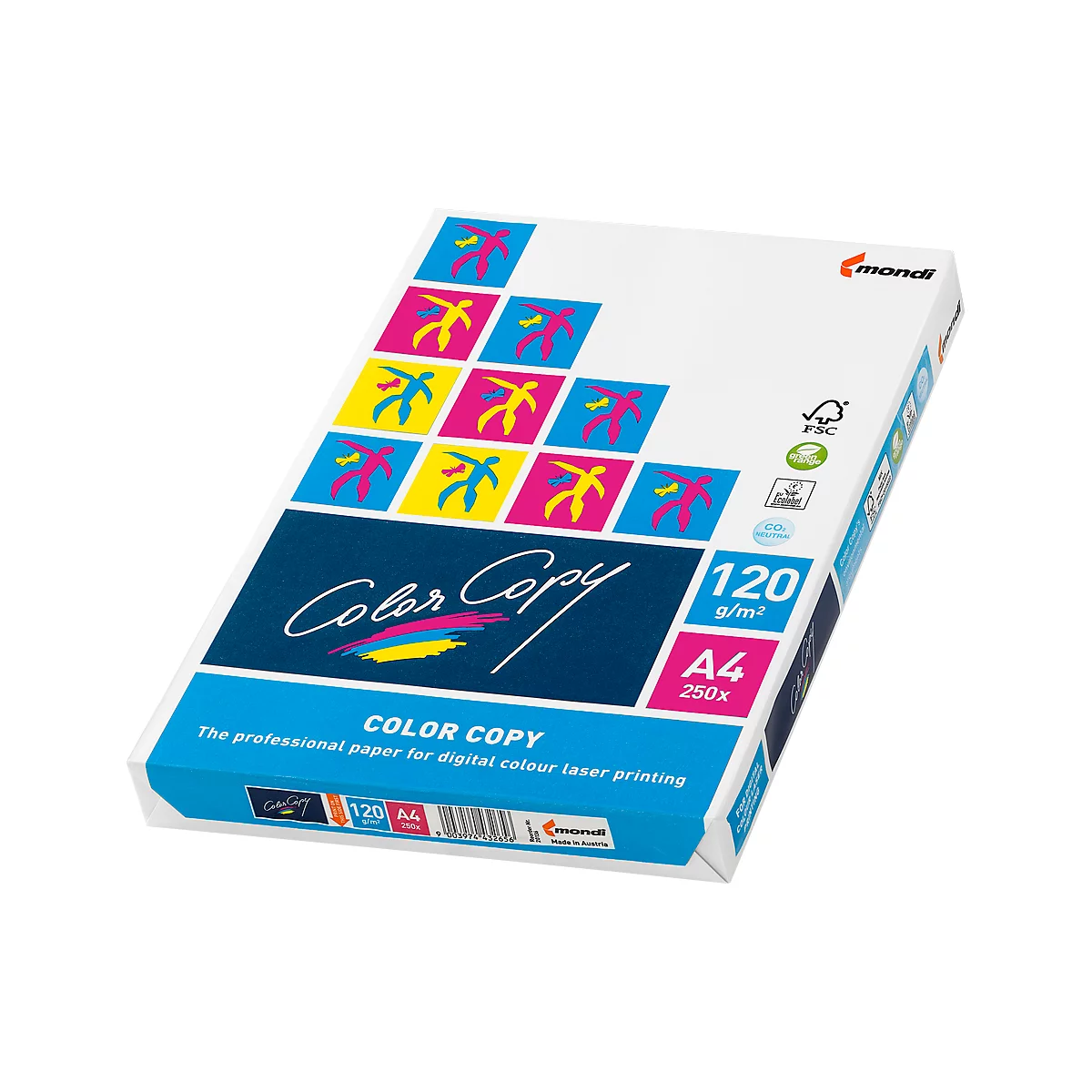 Paket Color Copy Papier, bedruckt mit Text und bunten Figuren. Das Papier hat eine Grammatur von 120 g/m² und das Format A4.