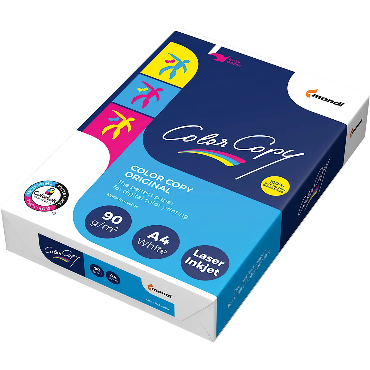 Blau-weiße Papierpackung mit "Color Copy"-Schriftzug. Angaben wie "90 g/m²", "A4 White" und "Laser Inkjet".