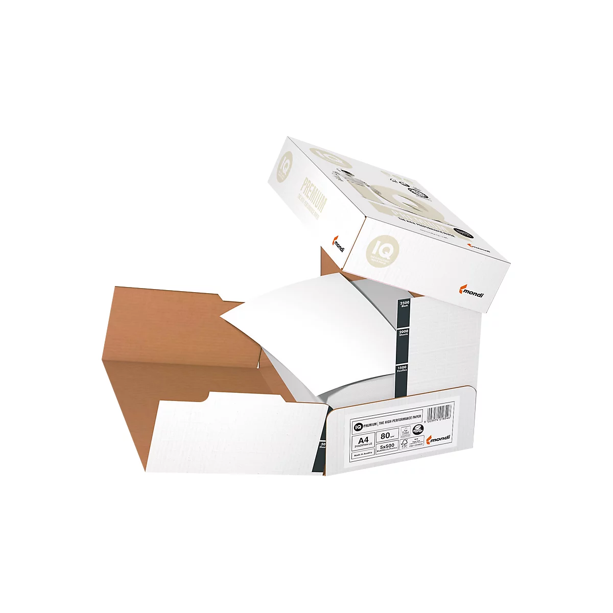 Ein Stapel Papier in geöffneten Kartons, mit Produktbeschreibung und IQ-Logo.