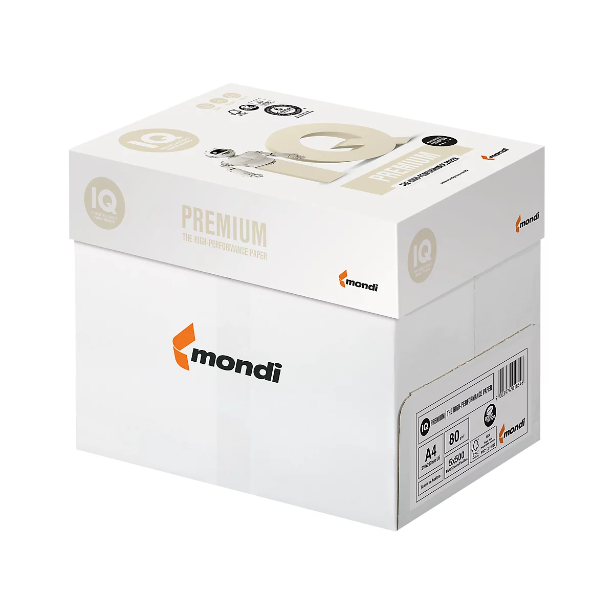 Weißer Karton mit Papier, Aufschrift 'Mondi Premium', A4-Format.