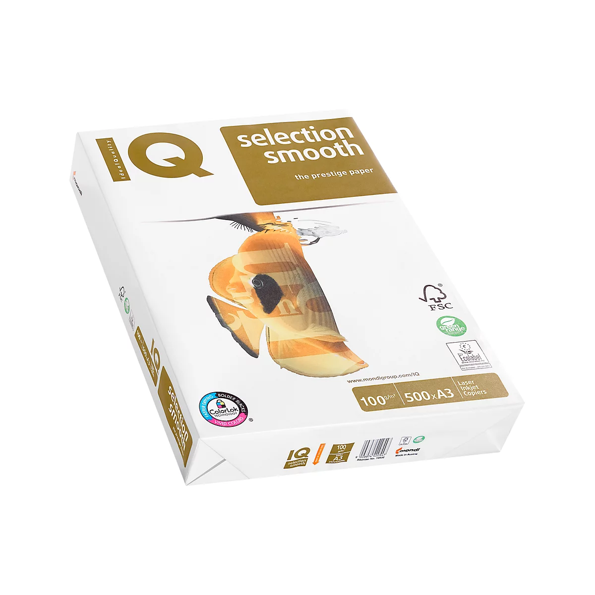 Weißes Papierpaket mit Aufdrucken: IQ, selection smooth, FSC Siegel, 100 Blatt, A3. Darauf ein Fisch-Motiv, leicht transparent.