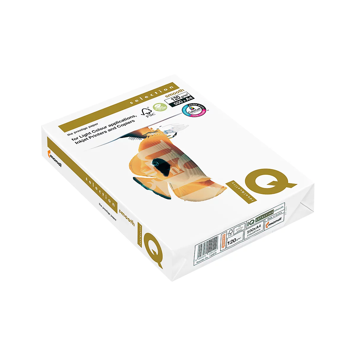 Eine Packung IQ Selection Papier, weiß, mit Schriftzügen und Logos. Das Papier ist glatt und für Tintenstrahldrucker geeignet.