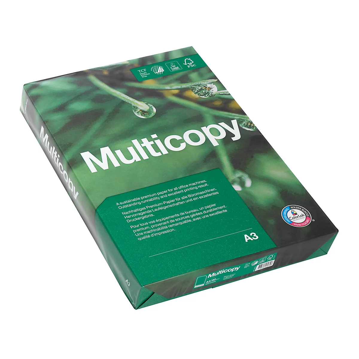 Paket Papier mit "Multicopy"-Logo, grün-weißes Design, A3-Format.