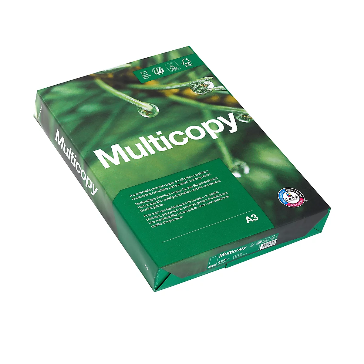 Grüne Papierpackung mit "Multicopy"-Schriftzug. Aufdrucke: Blätter, Tropfen, A3, Recycling-Symbol.