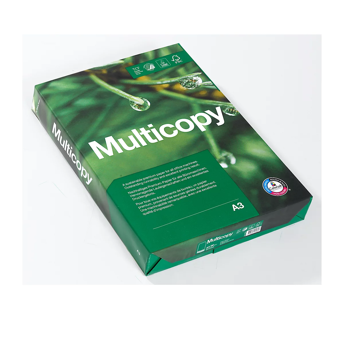 Eine A3-Papierpackung von Multicopy, grüner Hintergrund mit Pflanzenmotiv.