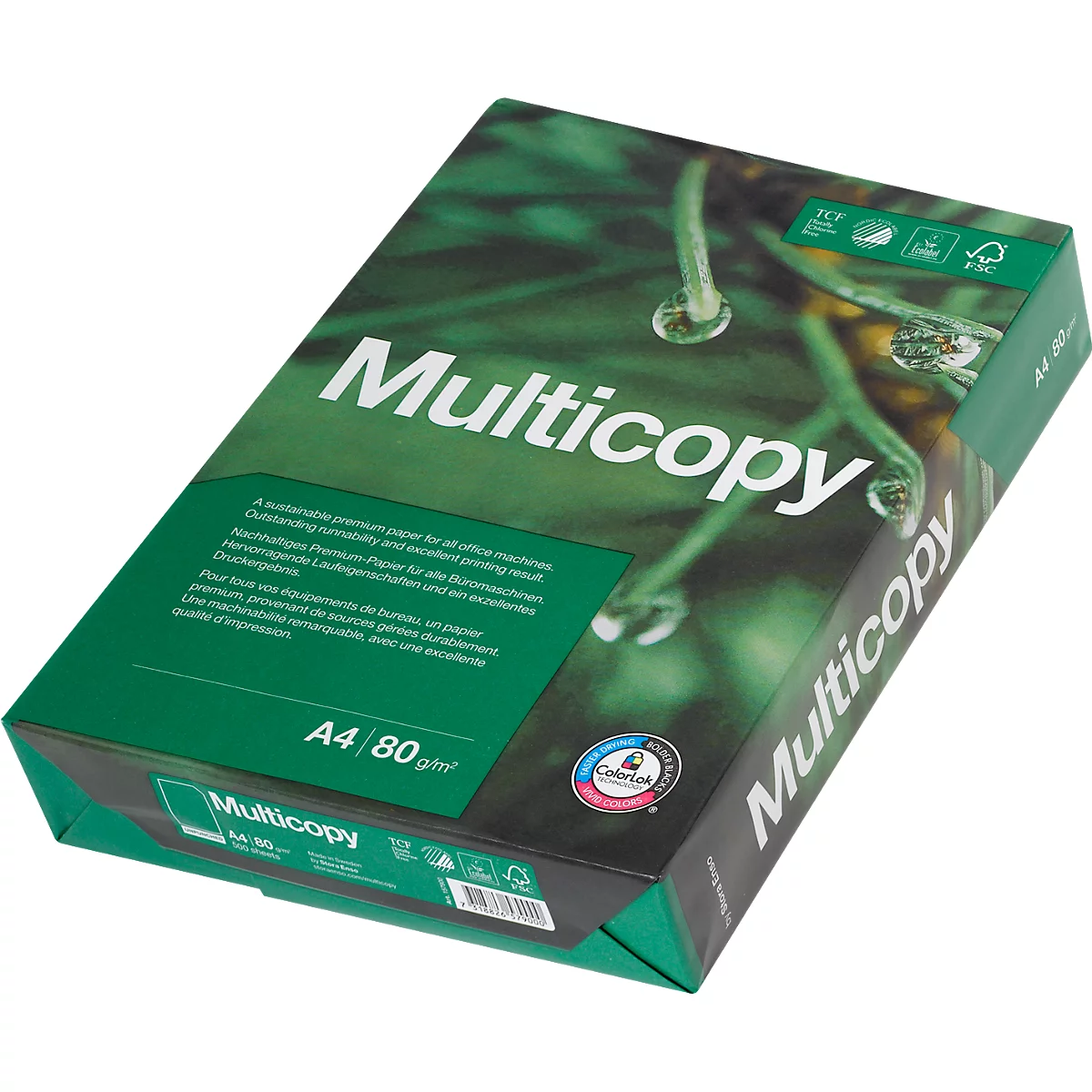 Eine Packung Multicopy-Papier mit grüner Verpackung. Der Text "Multicopy" ist deutlich sichtbar.