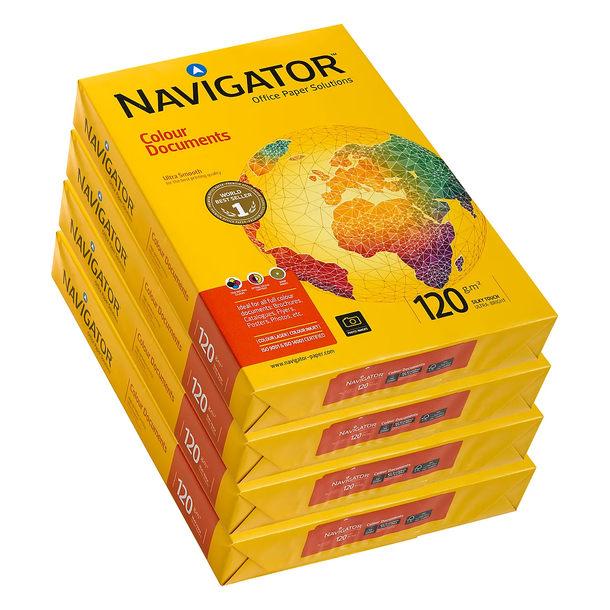 Gestapelte gelbe Papierpakete mit der Aufschrift "Navigator", farbigem Globus und 120 g/m².